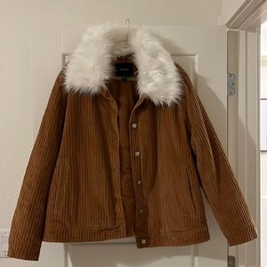 Cord jacket with fur trimmed collar